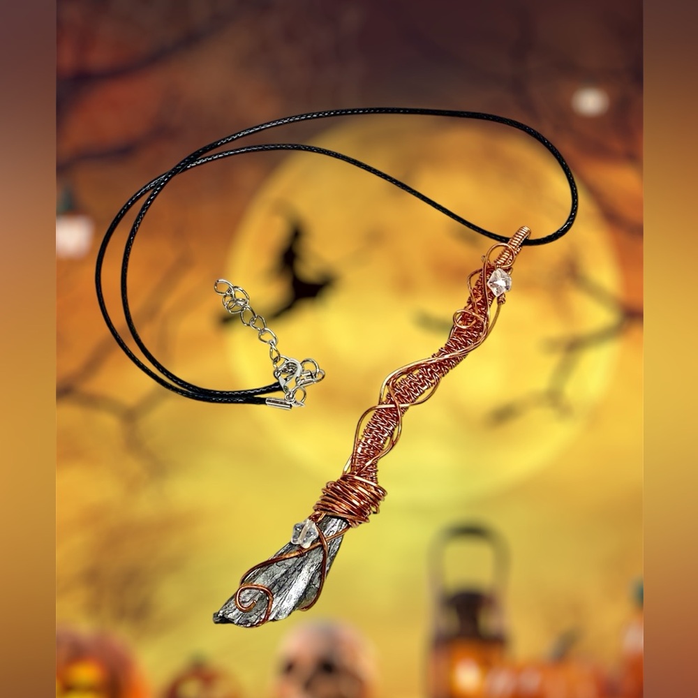 HANDMADE Halloween Witch’s Broom Hand Wrapped Bare Copper Kyanite Fan Pendant